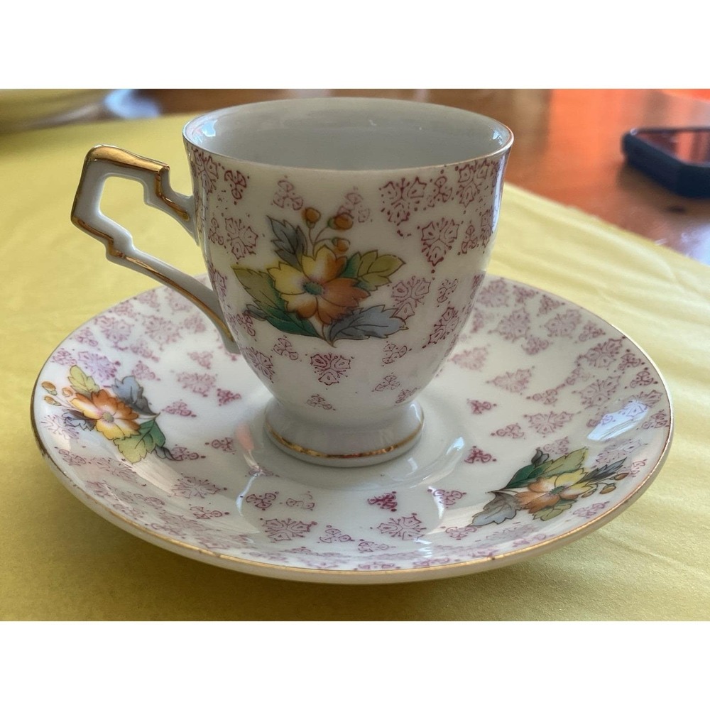 Ucagco Porcelain Cup & Saucer Set, Yellow Petal Flowers, Gold Trim, Japan